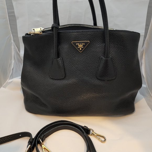 Prada Handbags - Prada - Twin Pocket Black Leather Tote w/ removable strap